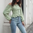 thumbnail image 4 of Women Off Shoulder Long Puff Sleeve Tops Pure Color Front Lace Up Back Shirred Blouse Shirt for Dating Light Green XL, 4 of 7