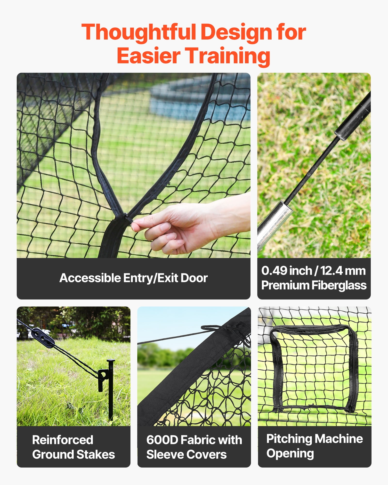 VEVOR Baseball Batting Cage, 12.0 x 10.2 x 7.6 FT Freestanding Portable Batting Cage, Hitting Cages with 4-Ply Knotless Polyester & Pitching Machine Opening, Battings Cages Netting for Outdoor