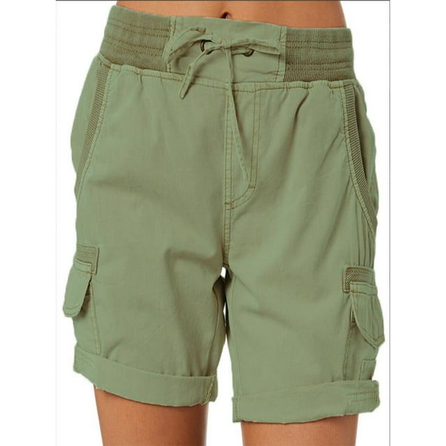 Daeful Shorts en Lin Été Décontracté Cargo Short Dames Stretch Solide Bas Ample Vert Armée L