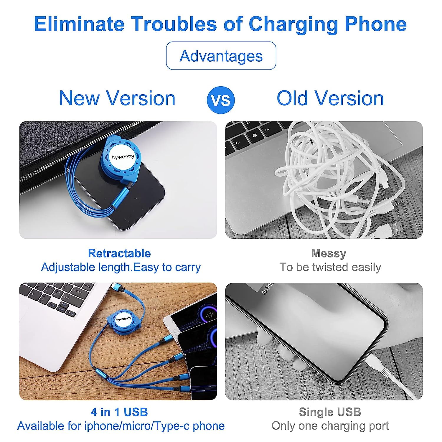 Multi-function charging cable 42 pack 3.3 feet retractable fast charging cable 4-in-1 multi-function charging cable, with mobile phone//micro port, suitable for mobile phones/tablets/Samsung/and more