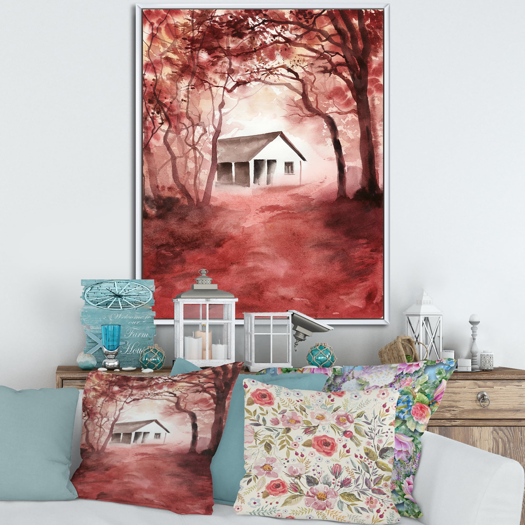 Red Autumn Woods and A House in Wild 30" x 40" Framed Painting Canvas Art Print, by Designart