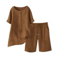 thumbnail image 5 of AHTJRT Plus Size Summer Sets for Women Cotton V Neck Short Sleeve Tops and Drawstring Shorts Casual Beachwear Vacation Travel Outfits Brown L, 5 of 8