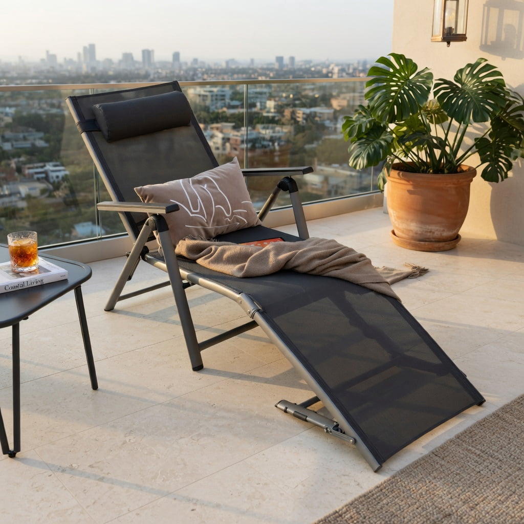 Hommoo Outdoor Aluminum Chaise Lounge Chair, 8-Position Adjustable Recliner with Quick-Dry Mesh Fabric, Foldable & Rust-Resistant for Patio, Poolside or Backyard, Gray