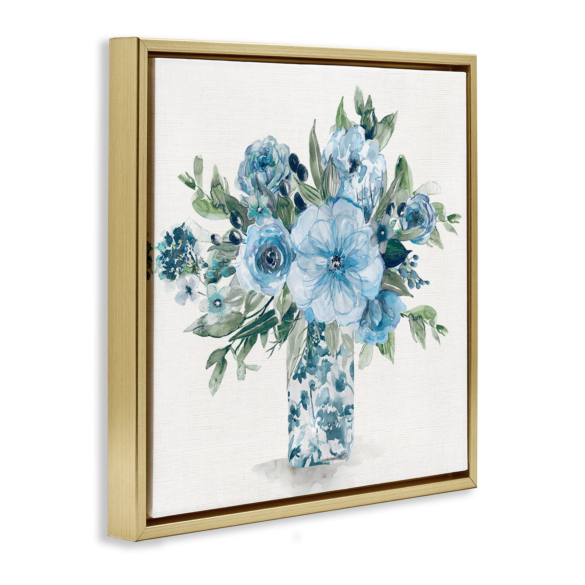 Stupell Industries Pastel Blue Bouquet Foliage Gold Framed Floater Canvas Wall Art, design by Carol Robinson