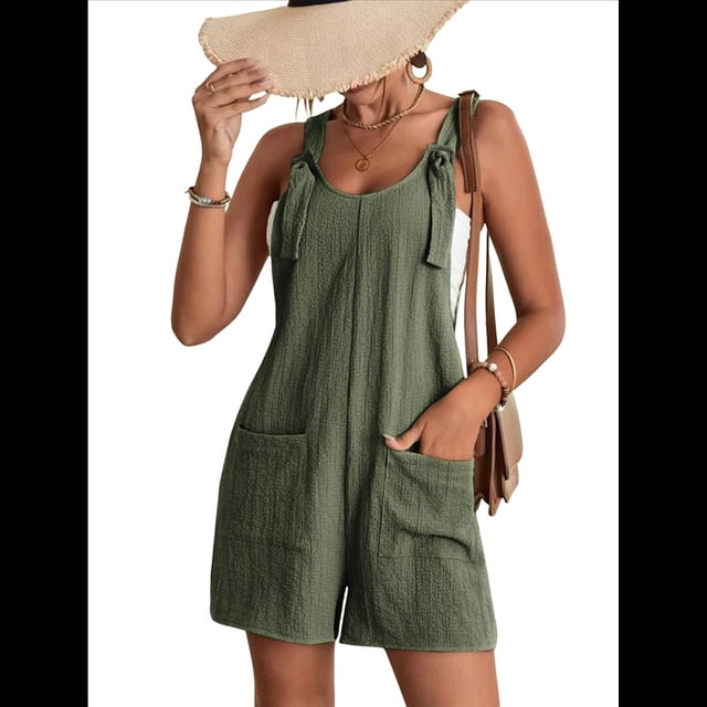 Cortos de Verano A para Mujer, Casuales Sin Mangas con Bolsillos Verde M