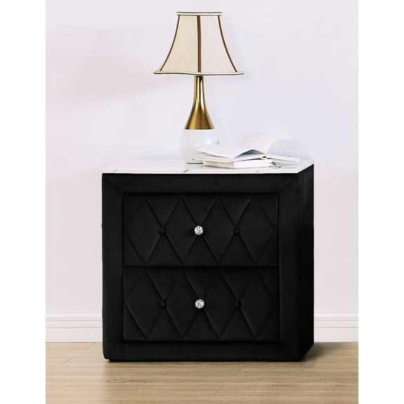Elegant 2 Nightstand With Faux Marble Surface And Button Detailing 2 Drawers In Black Finish