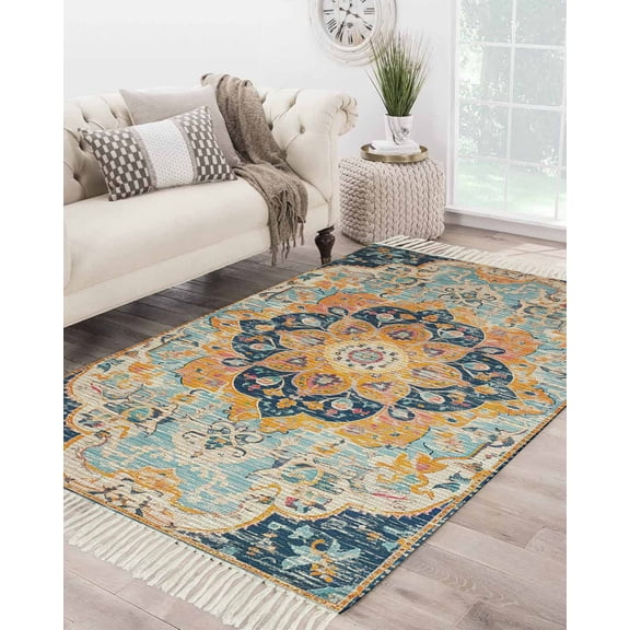 Abstract Flower,Large Area Rug 4x6ft Woven Runner Rug,Boho Vintage Colorful Native Print Washable Living Room Bedroom Kitchen Bathroom Classroom Carpet with Tassels,Indoor Outdoor Throw Door Mat