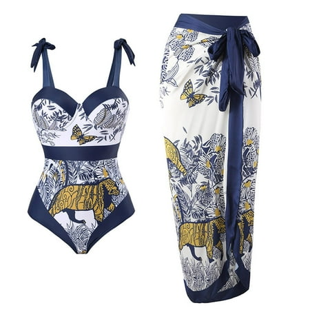 Lopeceal Women s One Piece Swimsuit with Beach Cover up Wrap Skirt Sarong Retro Floral Print Bikini Set Two Piece Bathing Suit