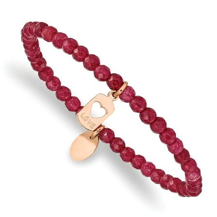 Primal Steel Stainless Steel Polished Rose IP-plated Love Red Jade Stretch Bracelet
