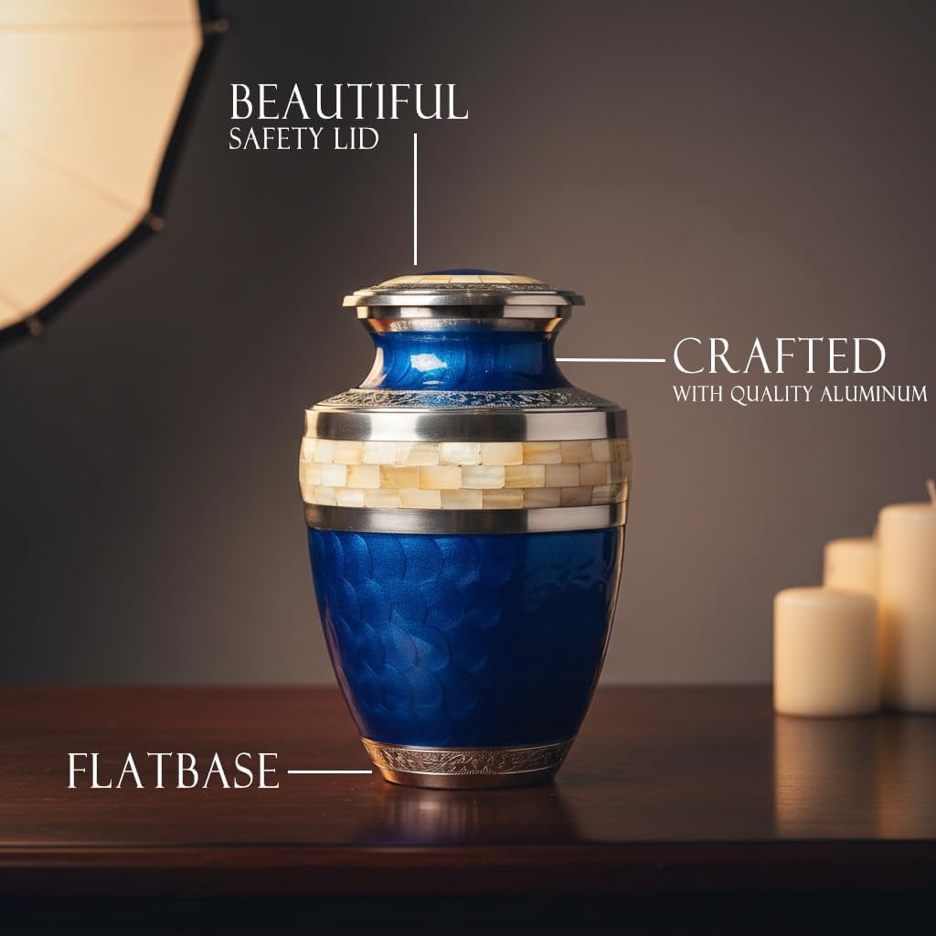 Cresta Modern Cremation Urn for Human Ashes - Handmade Large Adult Urns for Ashes - Funeral Urn for Men & Women - Burial Urns for Home - Aluminum Blue