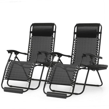 Magshion 27" Patio Zero Gravity Chair Set of 2, Folding Adjustable Reclining Beach Lawn Lounger with Pillow, Foot Pads and Cup Holder,Black