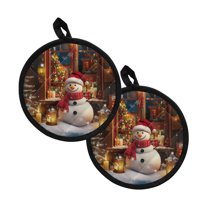 ZIATUBLES Pot Holders Pack of 2 for Kitchen Heat Resistant Trivet Multipurpose Hot Pads with Hand Pockets for Cooking Baking Barbecue 8 Inch Round Decor Present for Cooking Lovers, Snowman Christmas