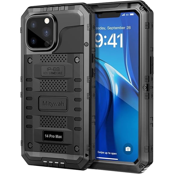 Waterproof Case for iPhone 14 Pro Max, Heavy Duty Metal Case with Built-in Screen Protector, Military Grade Drop Protection Full Body Aluminum Protective Cover 6.7 inch, Black