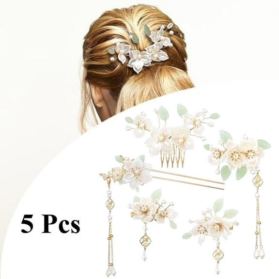 5Pcs Camellia Flower Tassels Hairpin, Crystal Rhinestone Pearl Hair Clips Headpiece Retro Chinese Hanfu Wedding Brides Hair Accessories Korean Jewelry for Women Girls Updo Long Hair