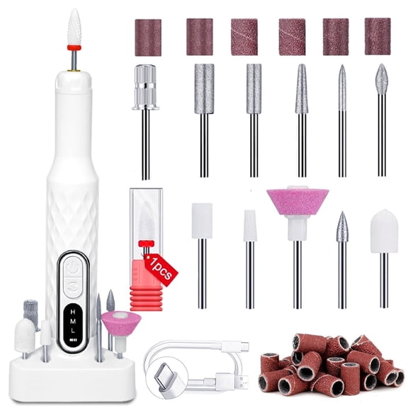 Nail Drill Professional, Cordless Nail Drill with 12 Bits & Sanding Bands, Low Noise Doxiry for Home Use, White