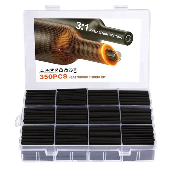 Aovky 350Pcs Heat Shrink Tubing Kit, 3:1 Ratio Adhesive Lined Marine Grade Shrink Wrap, Wire Shrink Wrap Tubing, 1.75" length 6 Size Heat Shrink Tube Kit for Home Industrial DIY, Black
