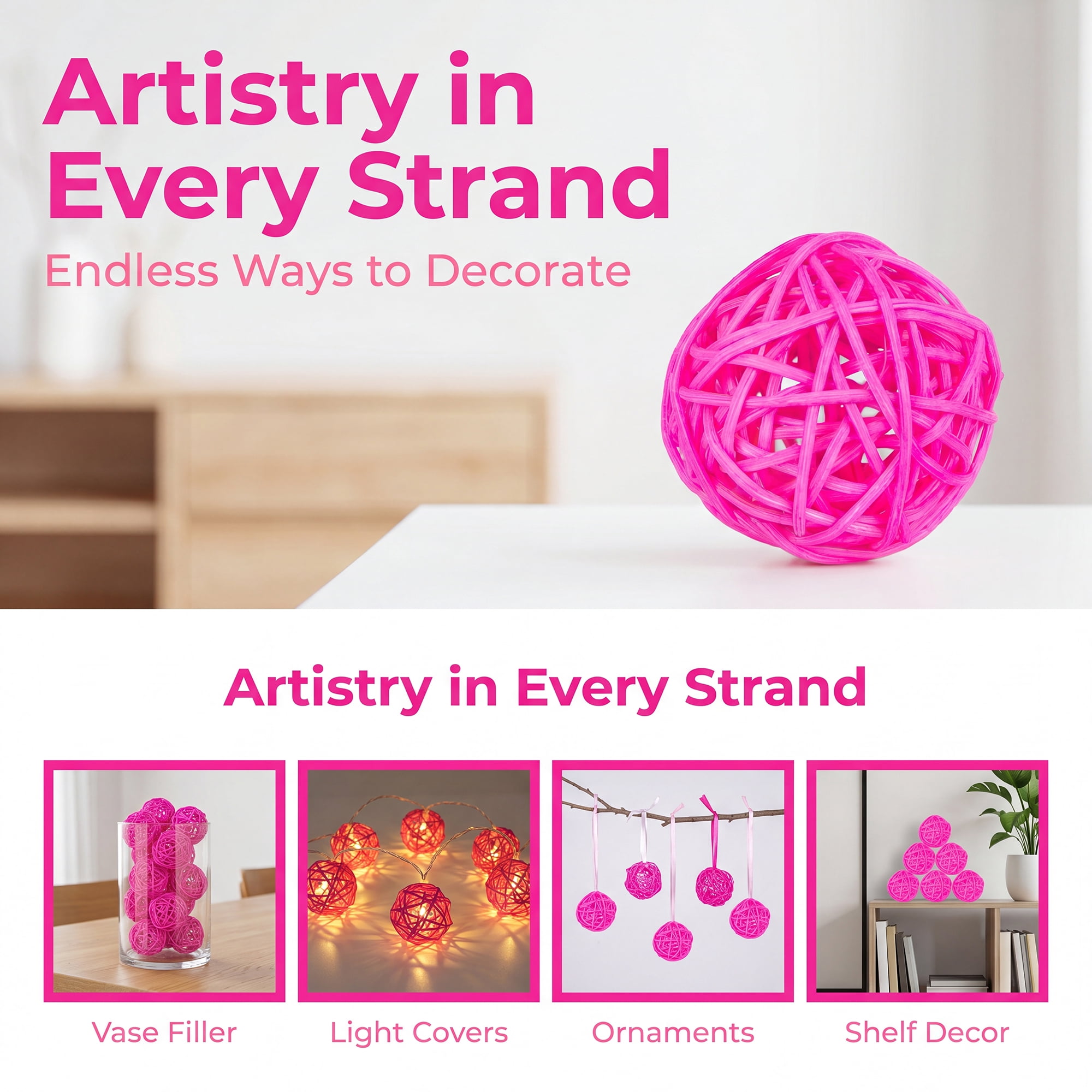 Unique Bargains 10Pcs Rattan Balls for Lights Wicker Spheres Orbs Rose 2"x2"x2"