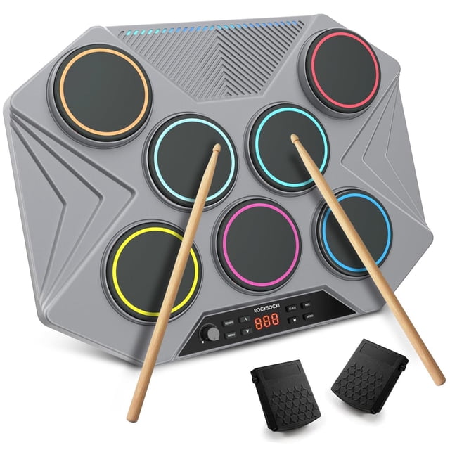 Juego de Batería Electrónica ROCKSOCKI Negra con 7 Almohadillas Sensibles y Luz LED para Mac y PC