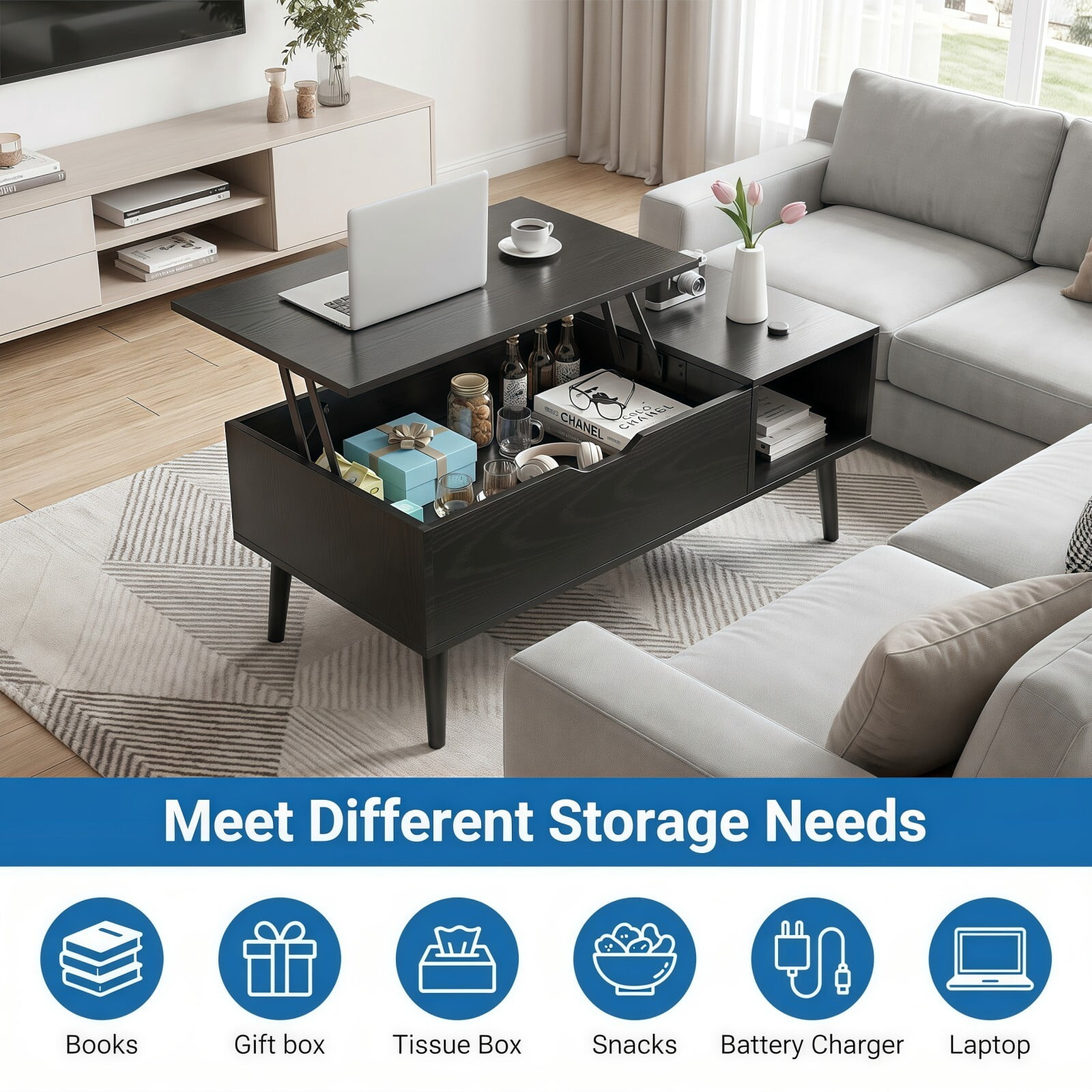 Kelno Lift Top Coffee Table with Hidden Compartment and Storage Shelves Wood Dining Center Table, Black