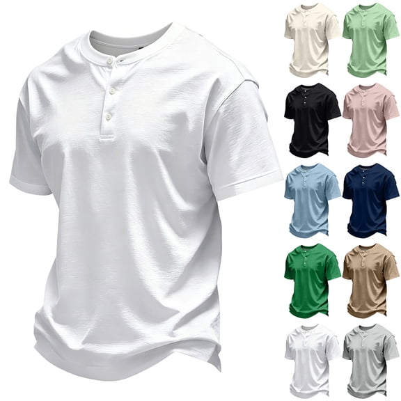 Homeyce Men's Stand Collar Henley Shirts Short Sleeve Button Shirts Casual Basic Solid Color T-Shirt Stand Collar Big and Tall Pullover Tees Tops,Gray L