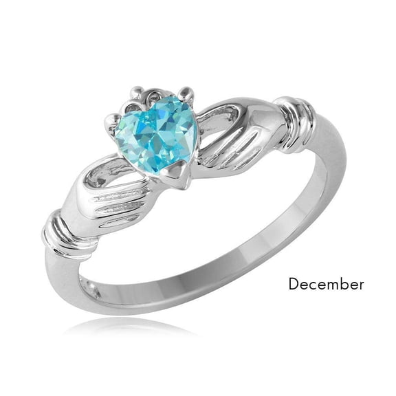 Rhodium Plated Sterling Silver 925 Simulated December Claddagh Ring Blue CZ Female Size 9