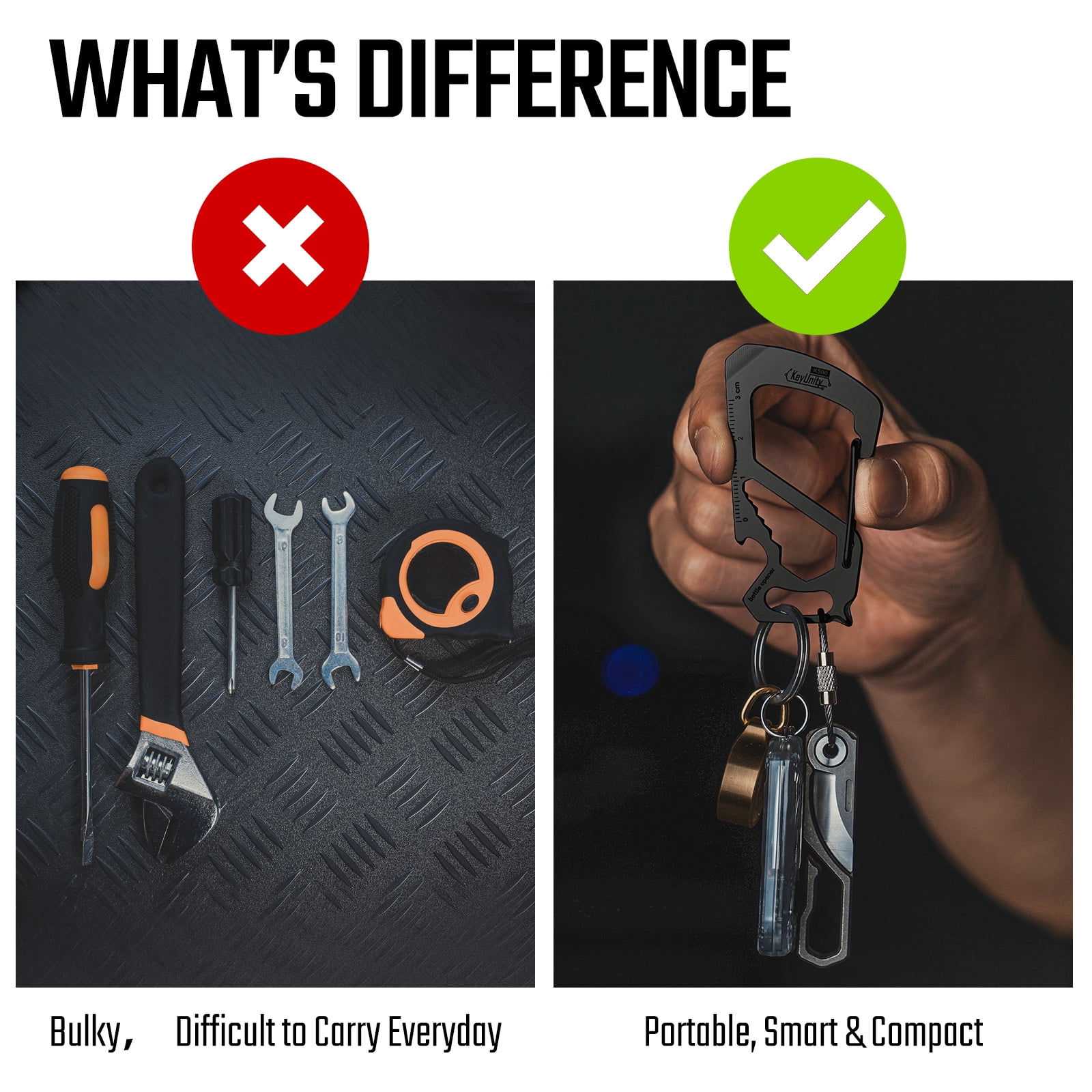 Key Unity 7-in-1 Stainless Steel Carabiner Clip, EDC Multitool with Ruler, Bottle Opener, Wrench, Key Clip, Pry bar, Phillips Screwdriver and Slotted Screwdriver, Black