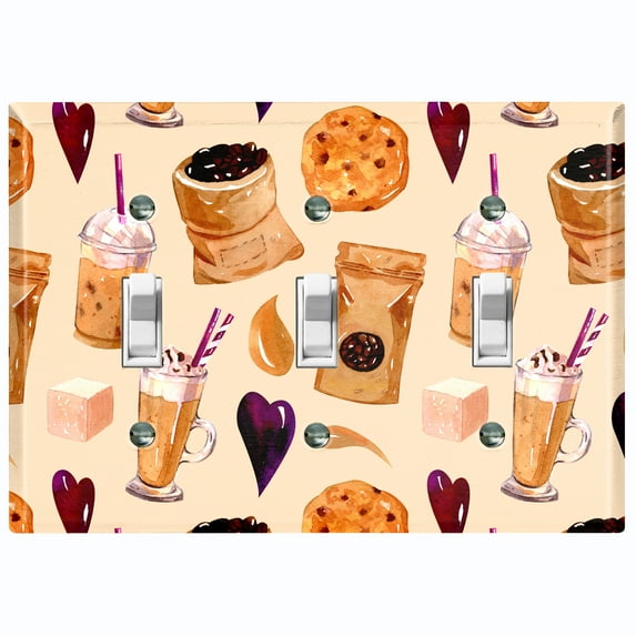 Metal Light Switch Wall Plate Outlet Cover (Coffee Mocha Espresso Grounds Cookie Sugar Treats Love Caramel Shake - Triple Toggle)