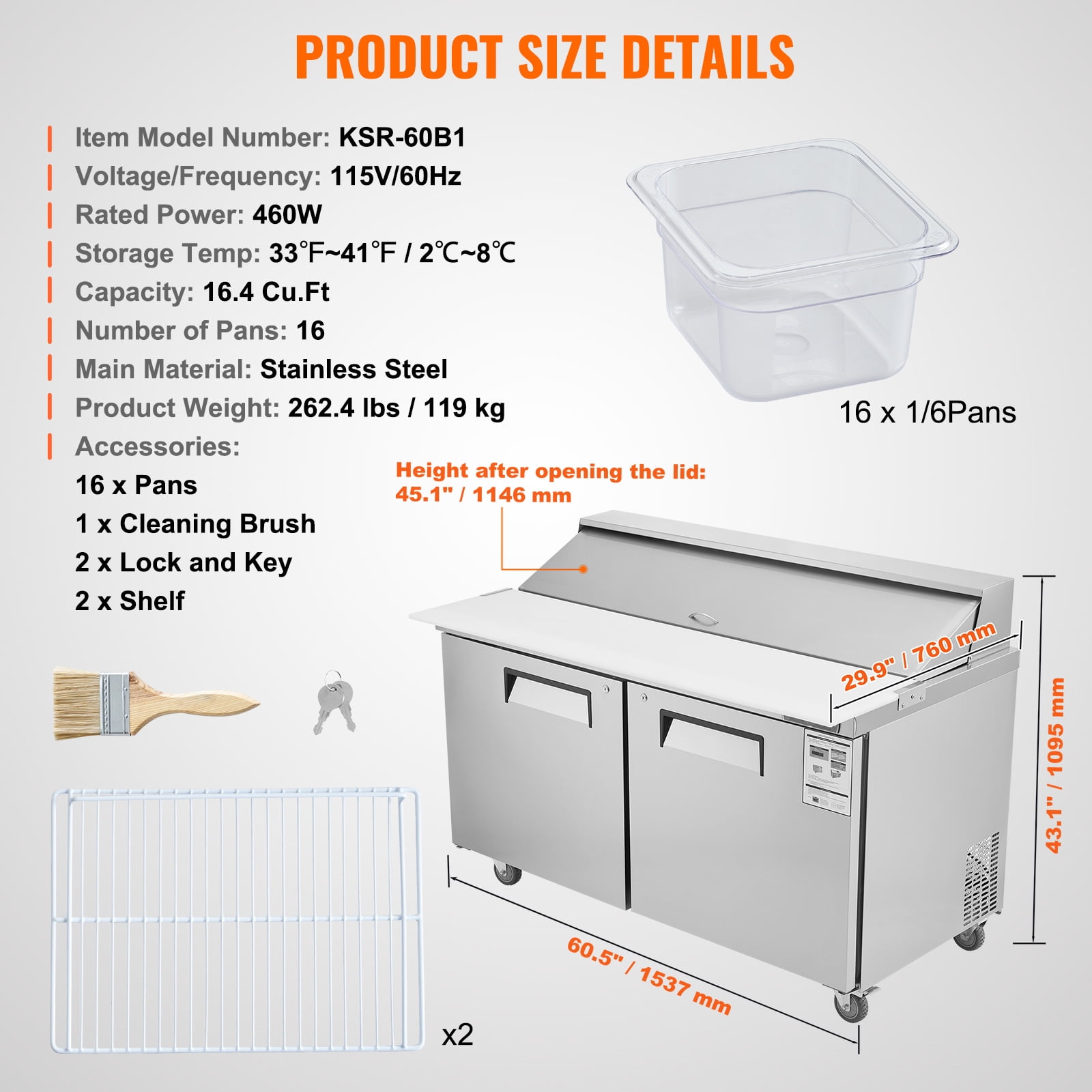 KFFKFF 60" Professional Fridge for Sandwich & Salad Preparation, 16.4 Cu. Ft Stainless Steel Chilled Food Preparation Area with 16 Trays, Cutting Board, Defrosting Refrigerator with Lock