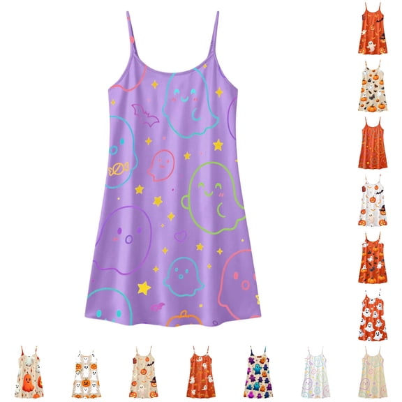 LIIPEE Girls Halloween Graphic Nightgown Spaghetti Strap Sleep Dress Kids Cozy Sleepwear 5-14 Years