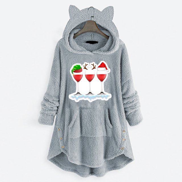 Puntoco Mujer Casual Navidad Impresión Botones De Felpa Manga Larga Con Capucha Abrigo De Felpa Top Puntoco Puntoco-7604