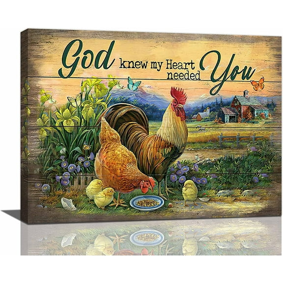 Farmhouse Wall Art Vintage Rustic Chicken Rooster Pictures Wall Decor Country Farm Barn Painting Inspirational Christian Canvas Print Modern Framed Home Decor for Bathroom Bedroom 16"x12"