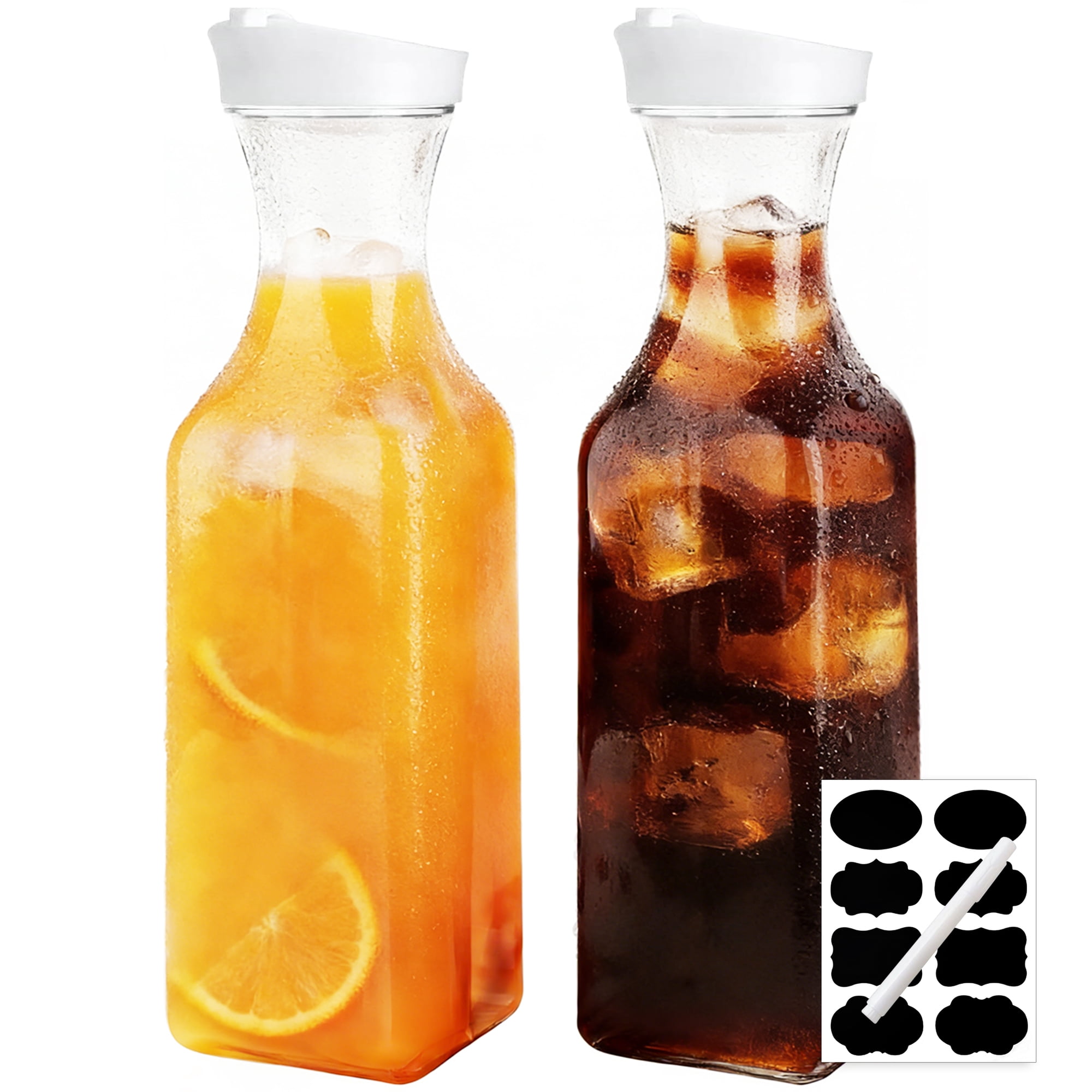 Aovky 50 Oz Plastic Water Carafe with Lid, Set of 2 Large Square Base Juice Containers, Clear Plastic Water Pitcher for Water, Juice, Beverage, Iced Tea, Milk, and Mimosa Bar