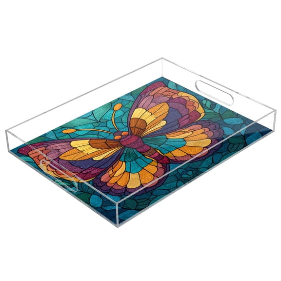 Acrylic Tray 15.7*11.8*1.9 Inch Transparent Tray Food Tray Tea Cup Tray Serving Trays Cosmetics Storage Kitchen Table Bathroom Sundry Storage Stained Glass Butterfly