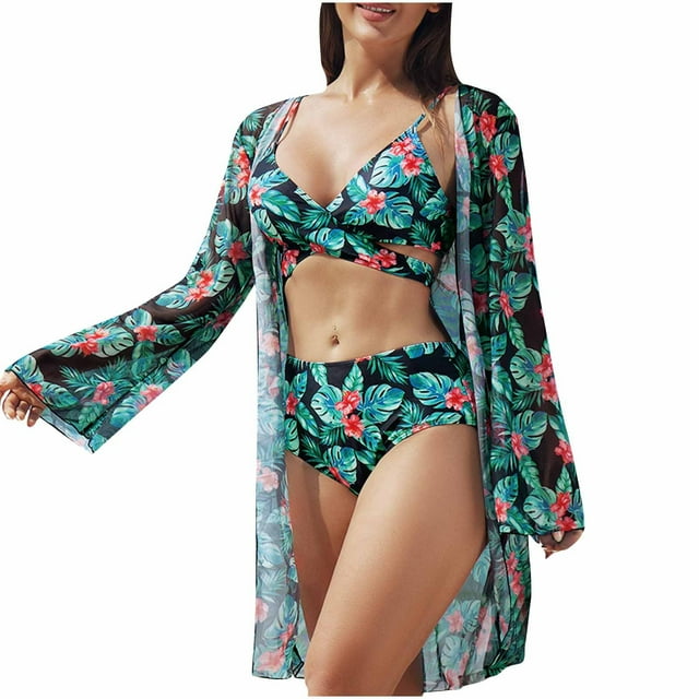 Trajes de Baño de Bikini de Mujer con Correas Impresas V Sexy Split Set de Tres Piezas, Diseño de Corte Alto para la Piscina de Playa Y las Vacaciones de Verano