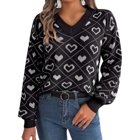 Womens Valentines Sweater Sweet Color Block Heart Bell Sleeve Knit Sweater Crewneck Pullover Party Top Black M