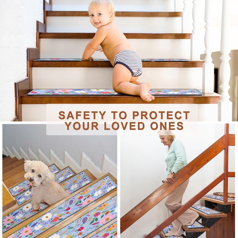 Boho Non-Slip Stair Treads - 15 Pcs 8x30 Inch Washable Runner For Wood Steps (Blue)