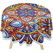 SKYSONIC Mexican Talavera Style Round Tablecloth 60inch Indoor Wrinkle Free, Abstarct Folk Art Circular Lace Table Cover Washable for Kitchen Party BBQ Dining Decor