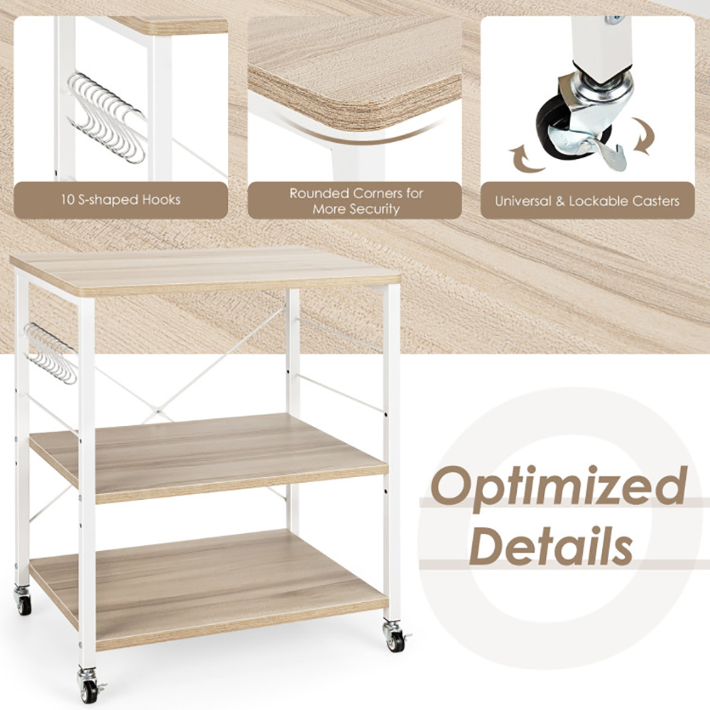 Resenkose 3-Tier Kitchen Baker's Rack Microwave Oven Storage Cart with Hooks-Light Brown, Storage Rack Microwave Oven Stand for Spices, Pots, and Pans,Brown