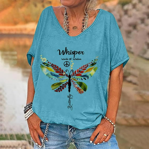 ALLLIST Loose Fit Womens Tops V Neck Short Sleeve T-Shirts Blue Graphic Trendy Shirts Womens Clothing