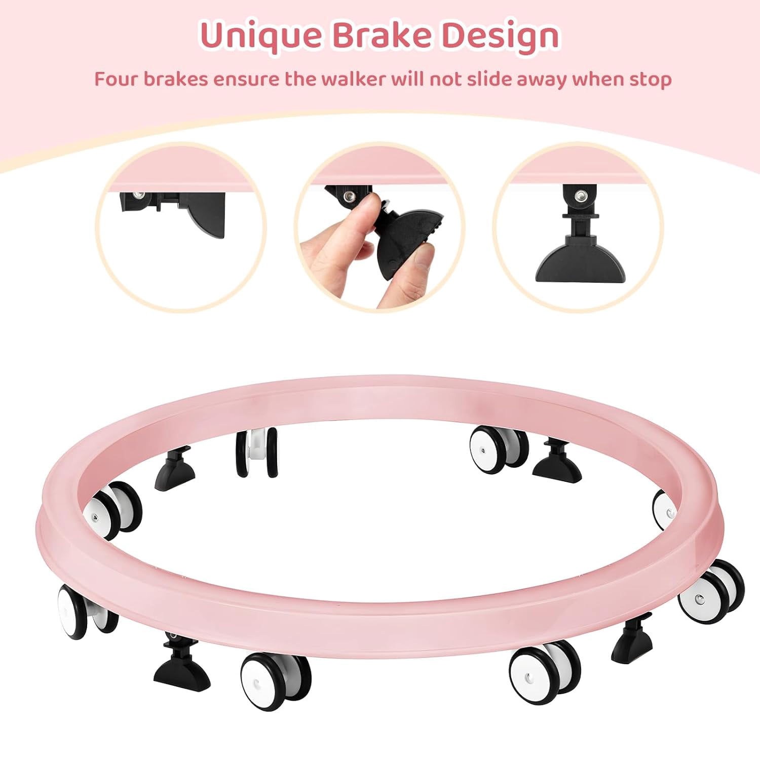 PRVAETU Foldable Baby Walker Activity Center W/ Wheels,Height Adjustable W/ Dinner Plate & Foot Pad for 6-18 Months Babies Infant Boys Girls,Full Pink
