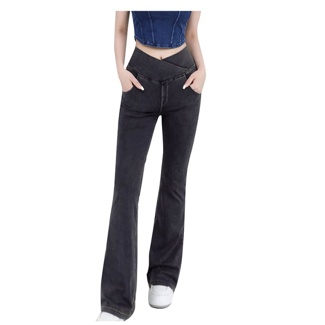 Besolor Jeans Coupe Bottillon Extensibles à Taille Croisée pour Femme, Gris Foncé