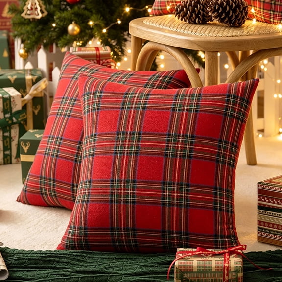 Christmas Plaid Pillow Covers 18x18 Set of 2, Scottish Tartan Cushion Case, Buffalo Check Farmhouse Decor
