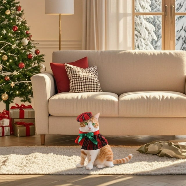 Festive Holiday Attire Outfit For Small And Medium Cats With Matching Hat Scarf Set