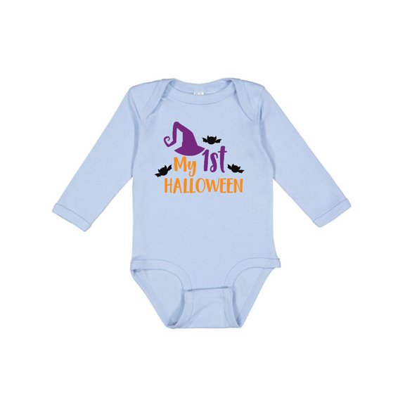 Inktastic My First Halloween, Witch Hat, Bats - Purple Black Boys or Girls Long Sleeve Baby Bodysuit