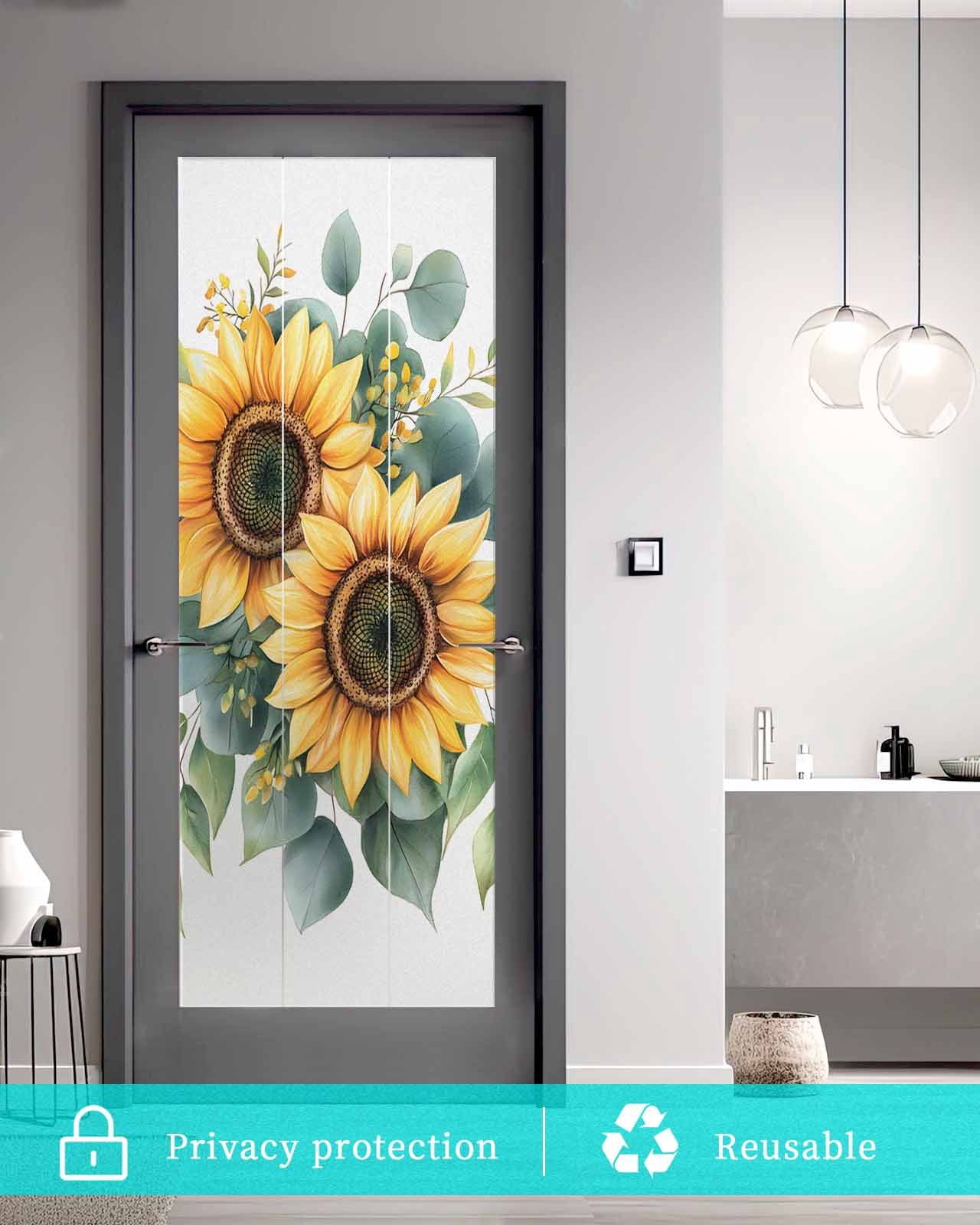 Window Privacy Film Sunflower Stained Glass Window Film Decorative Sun Block Window Cover Green Eucalyptus Leaves Watercolor Botanical Window Clings Static Adhesive Sticker for Bathroom 23.6"x59"