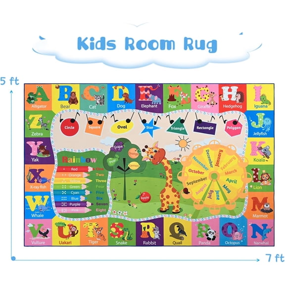 5x7 Playroom Rugs for Kids Washable, Educational and Fun Playmat with ABC Alphabet Animals Shapes Colors, Non-Slip Play Mat Learning Rugs for Baby Toddler Children Game Activity
