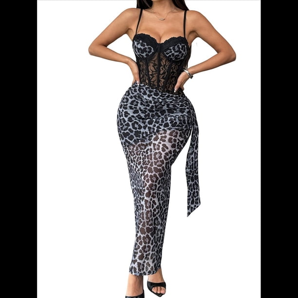 Vestido de Verano con Estampado de Leopardo y Hombros Descubiertos para Mujer, Ajustado A la Cintura, con de Gris M