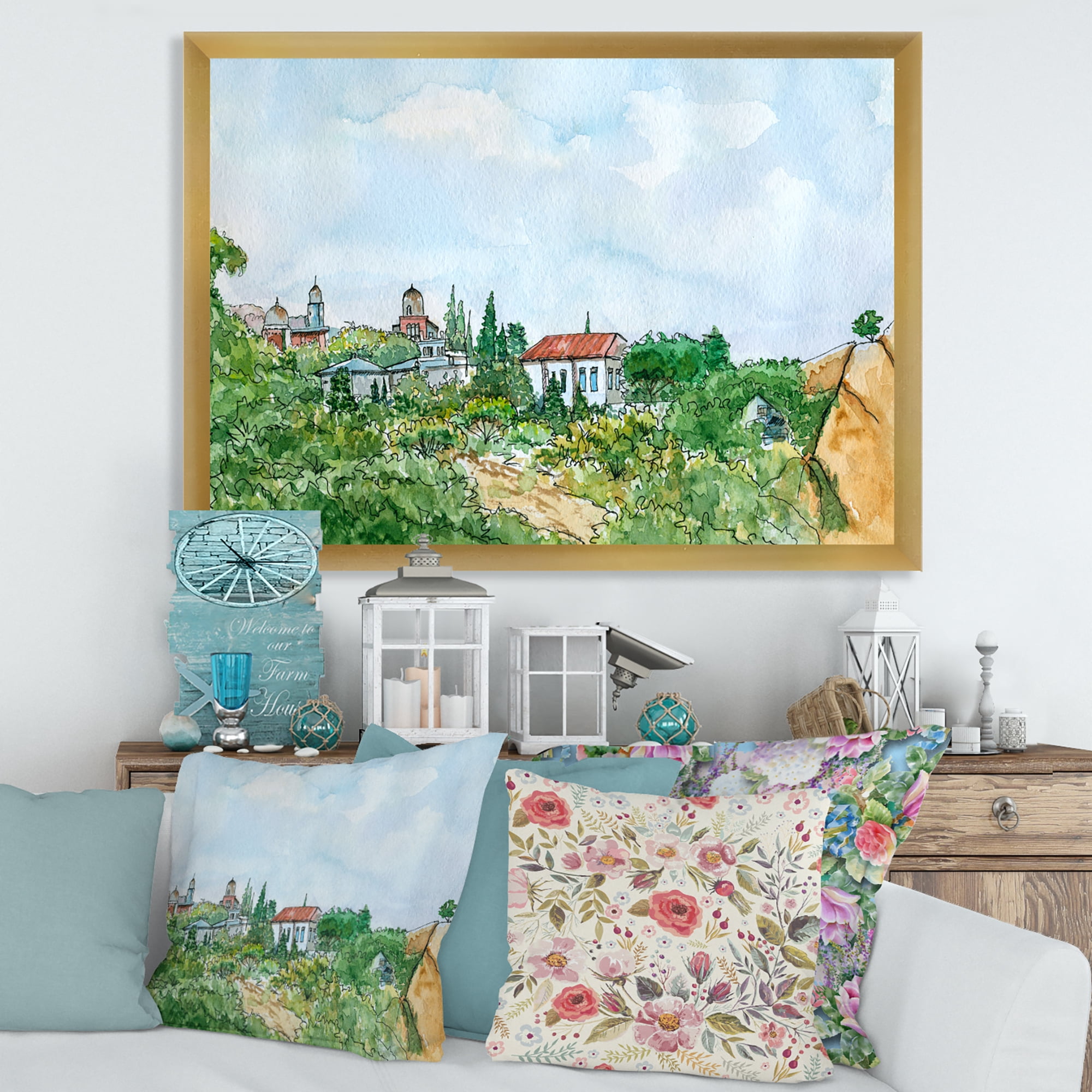 Designart 'White House With Red Roof In The Lush Green Countryside' Traditional Framed Art Print
