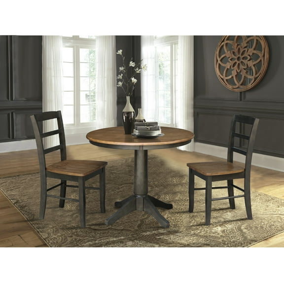 International Concepts 36" Round Solid Wood Pedestal Dining Table with 2 Madrid Ladder Back Chairs in Hickory/Washed Coal