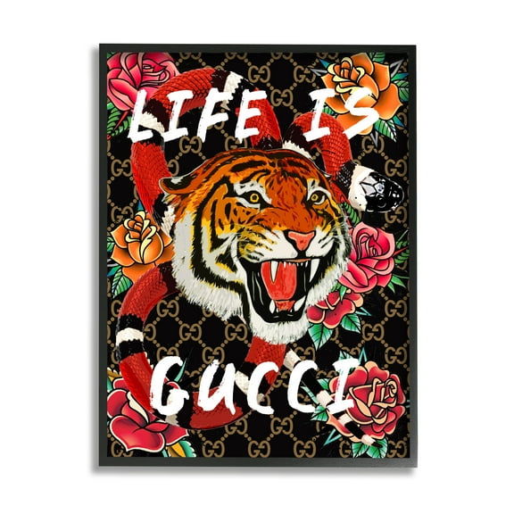 Stupell Industries Tiger & Roses Phrase Animals & Insects Painting Black Framed Art Print Wall Art, 11 x 14
